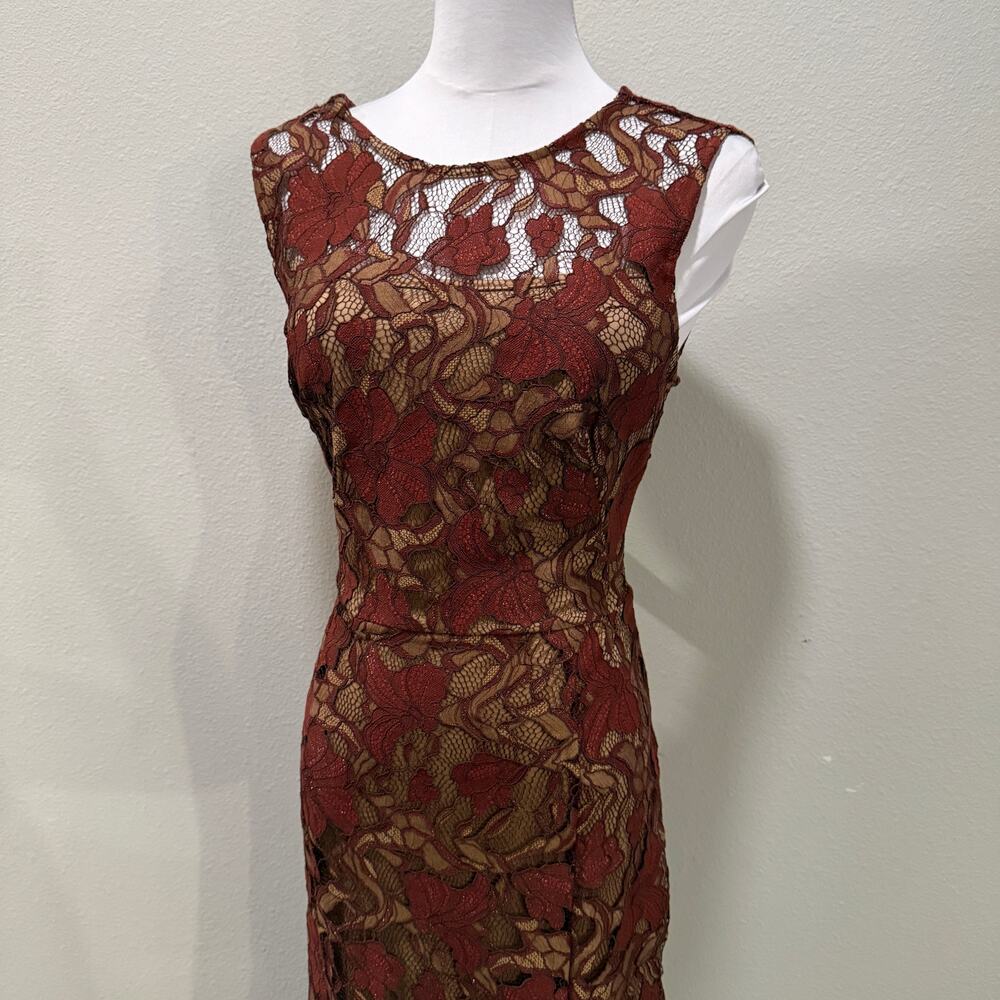 Calvin Klein Rust Brown Floral Lace Midi Dress Sleeveless Wedding 8 Fall Autumn - Picture 7 of 11